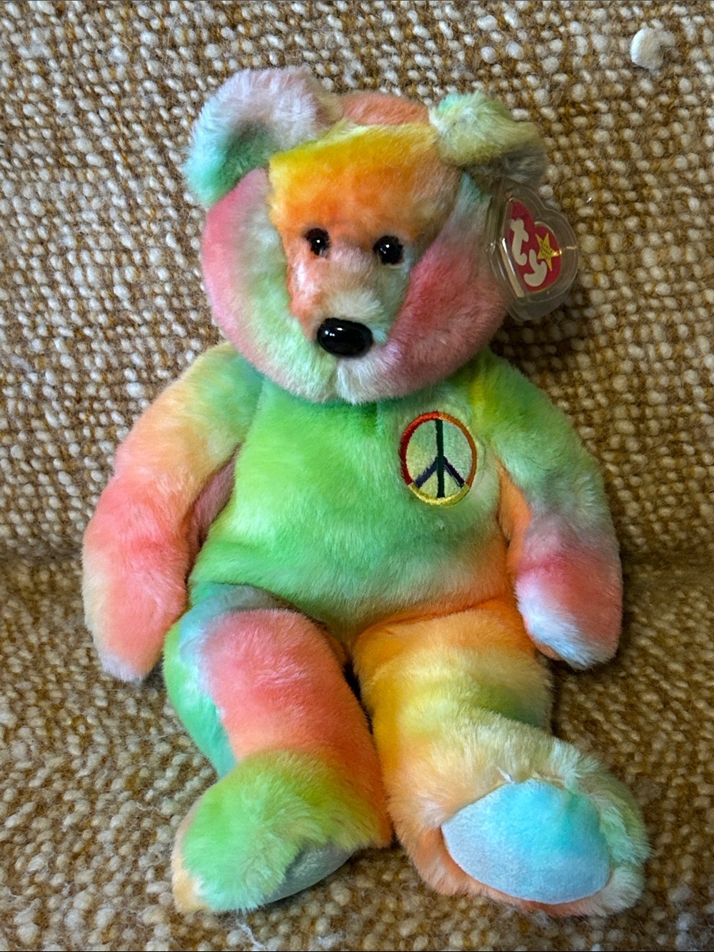 Ty Tie-Dye Peace Bear - Green, Pink, Orange, Yellow, Blue Plush Year 1999